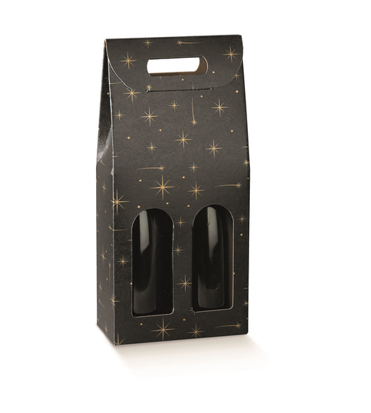 Carrier cardboard 2 bottles 18x9x38.5 cm black with stars